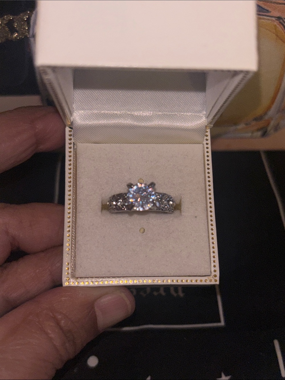 Silver-Tone Clear Stone Solitaire Ring with Side Accents Size 5